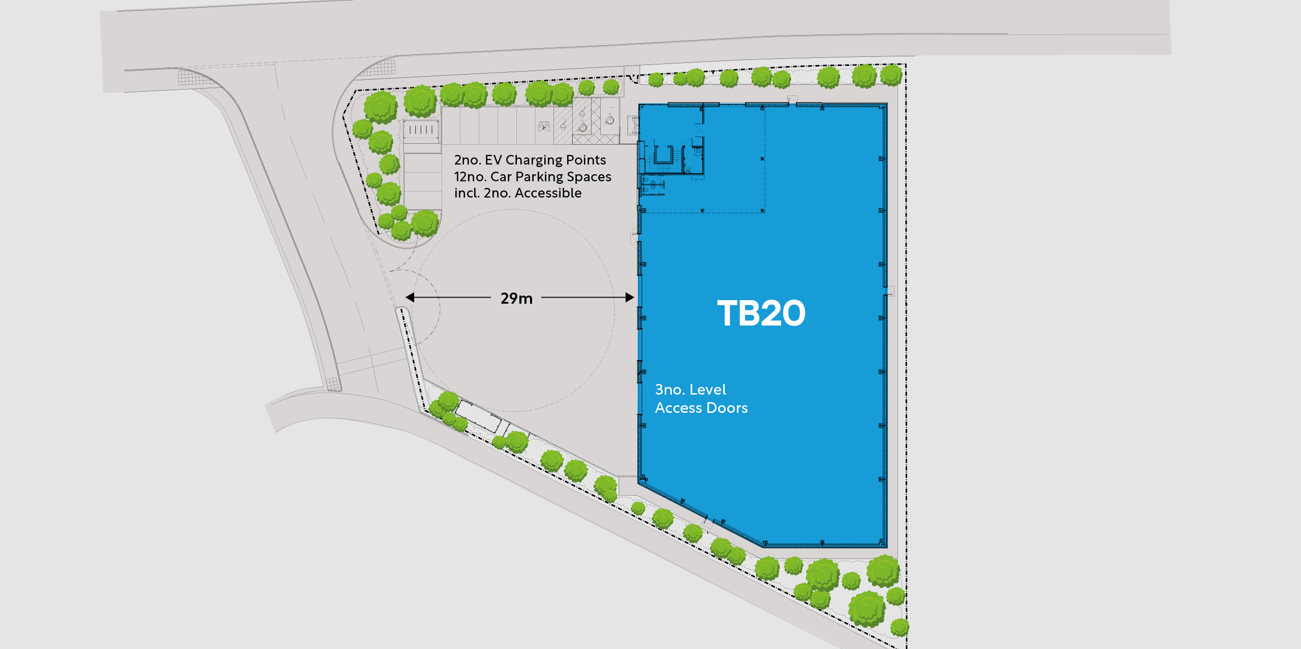 TB20 industrial warehouse unit site plan showing distances and key features. CGI.