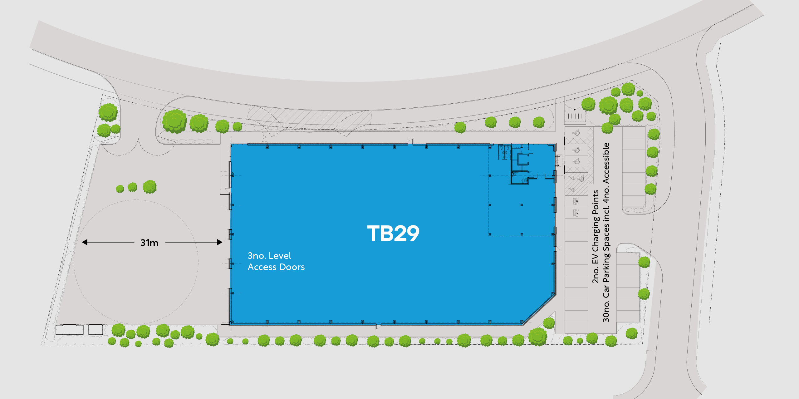 TB29 industrial warehouse unit site plan showing distances and key features. CGI.