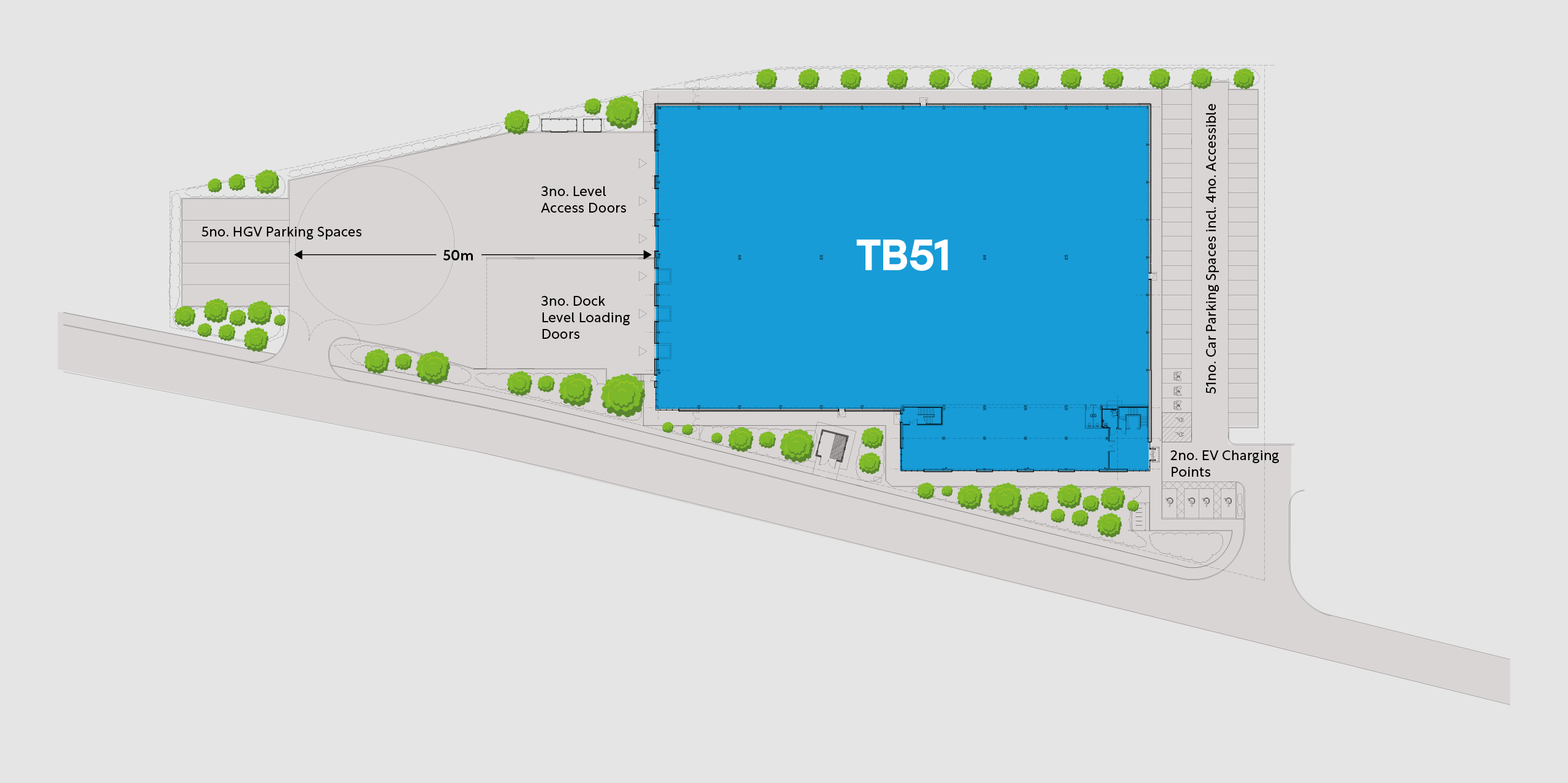 TB51 industrial warehouse unit site plan showing distances and key features. CGI.