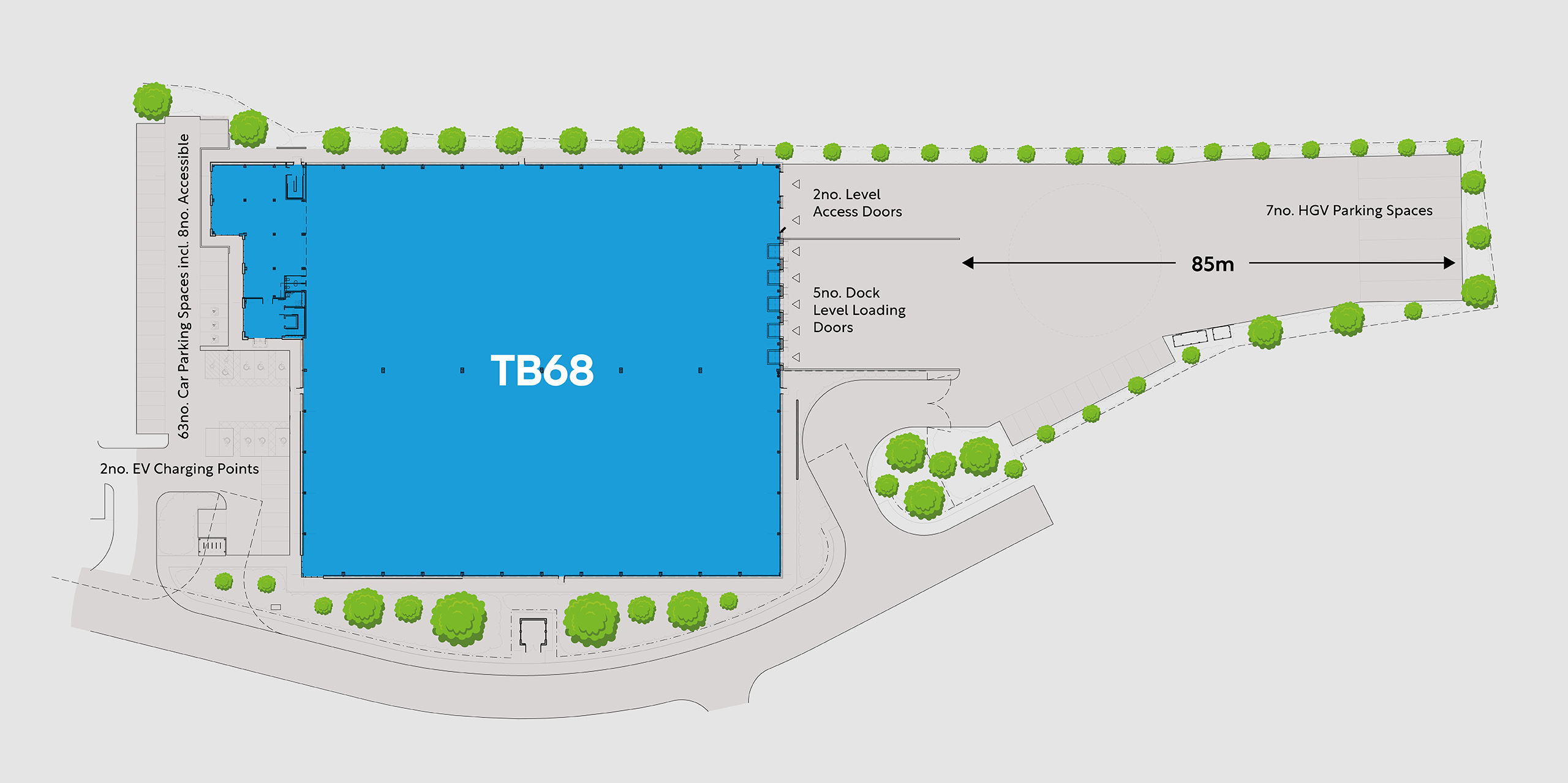 TB68 industrial warehouse unit site plan showing distances and key features. CGI.